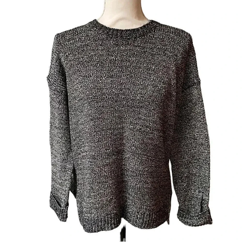 Lou & Grey Marled Knit Sweater Black White High Low Pullover Small